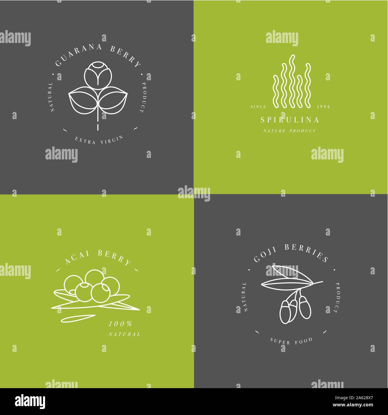 Vector set design templates and emblems - healthy eco food - camu camu, spirulina, goji berry and acai berry. Detox and weightloss supplements. Stock Vector