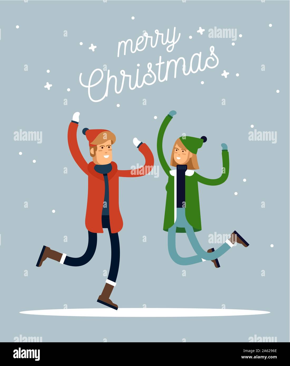 Happy winter vacation. Warmly dressed people in the jump. Merry chrismas vocation. Vector illustration Stock Vector