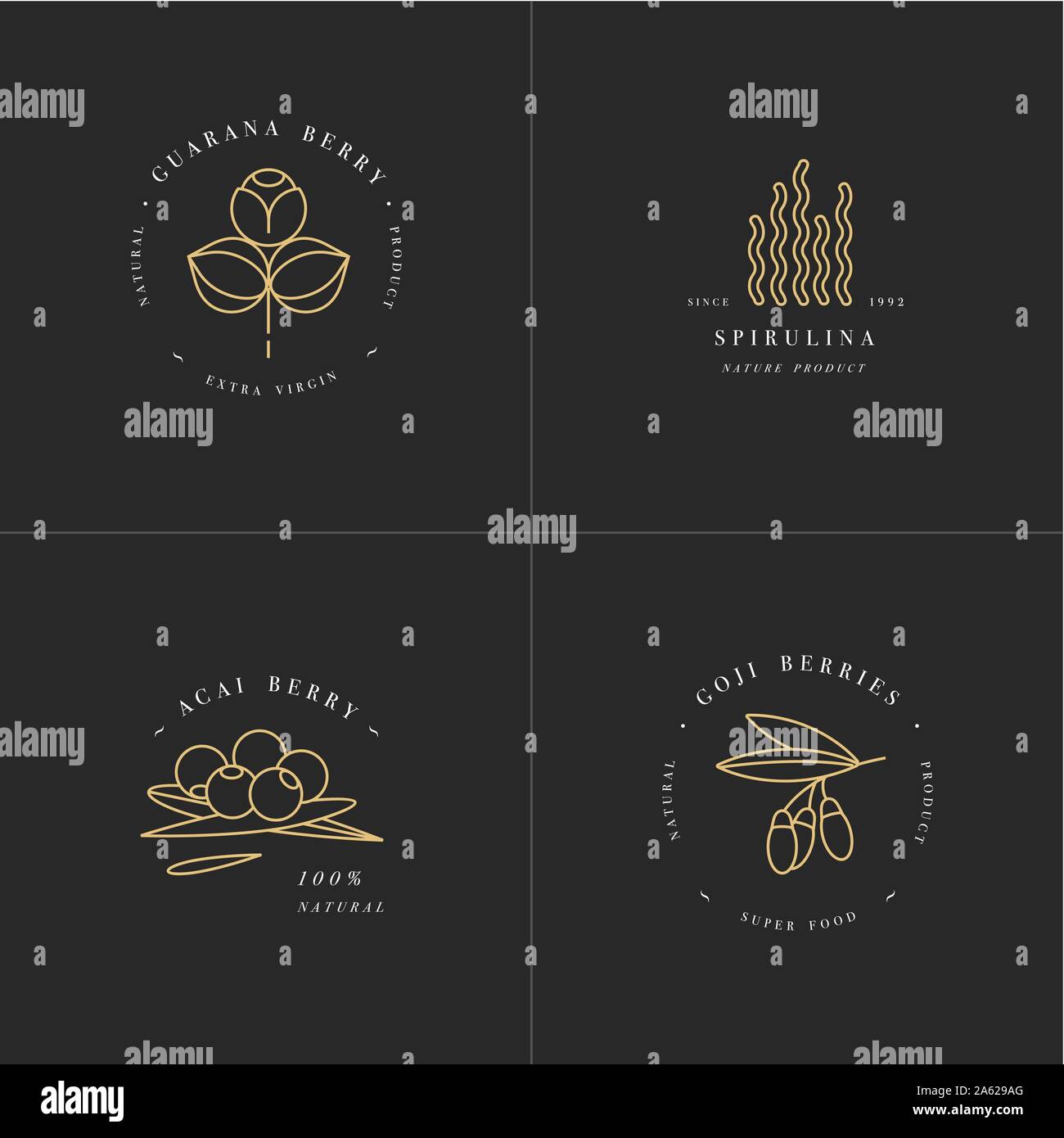 Vector set design templates and emblems - healthy eco food - camu camu, spirulina, goji berry and acai berry. Detox and weightloss supplements. Stock Vector
