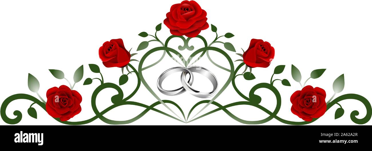 decoration with interwined silver rings and red roses Stock Vector