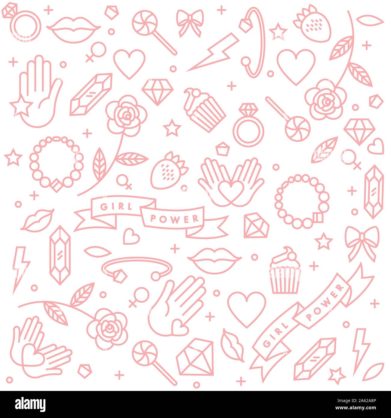 Vector pattern with icon and hand-lettering phrases related to girl power and feminist movement - abstract background for prints, t-shirts, cards. Stock Vector