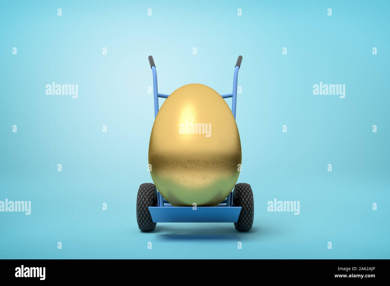 3d rendering of a golden egg on a hand truck on blue background Stock Photo