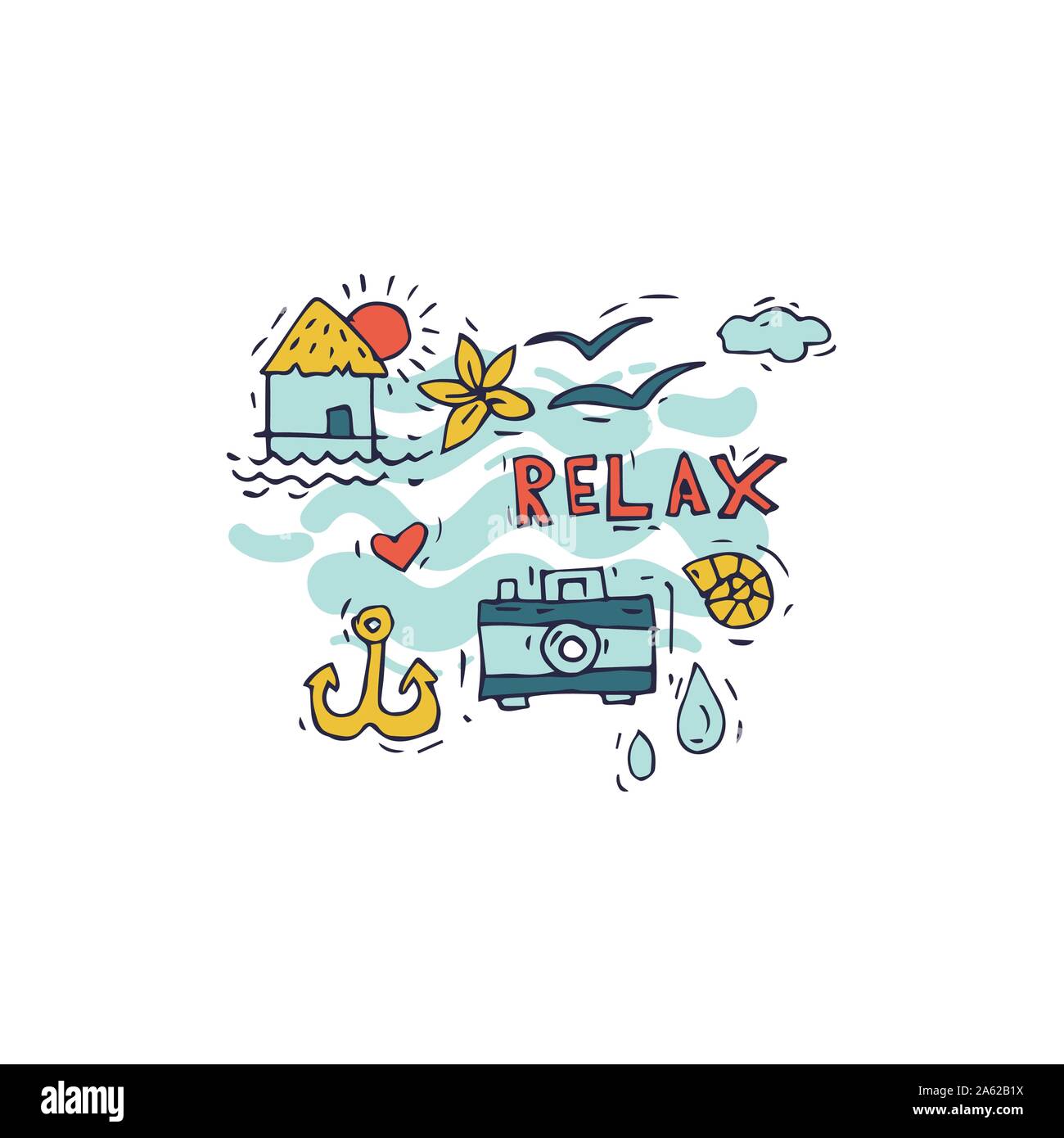 Hand draw icon surfing collection and summer holiday for your design. Tourism and vacation theme. Stock Vector