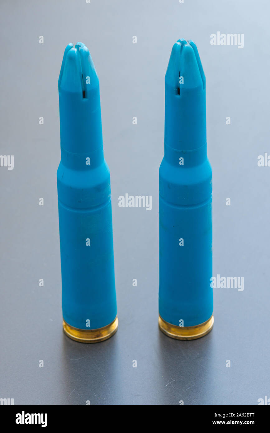 50 mm dummy ammunition with blue plastic shell cover Stock Photo