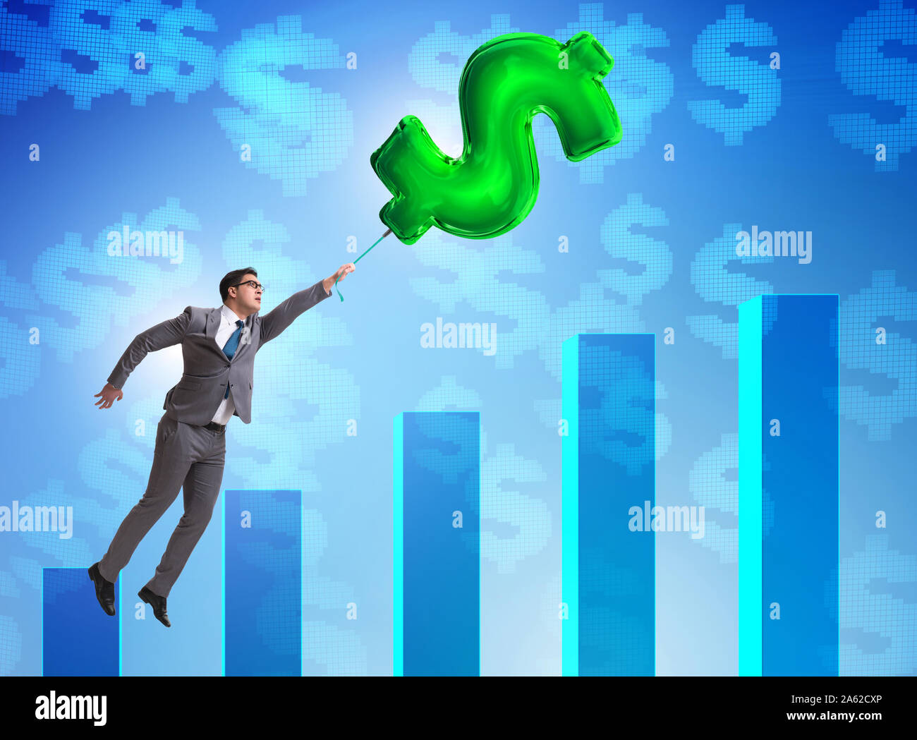 Businessman flying on dollar sign inflatable balloon over financials ...