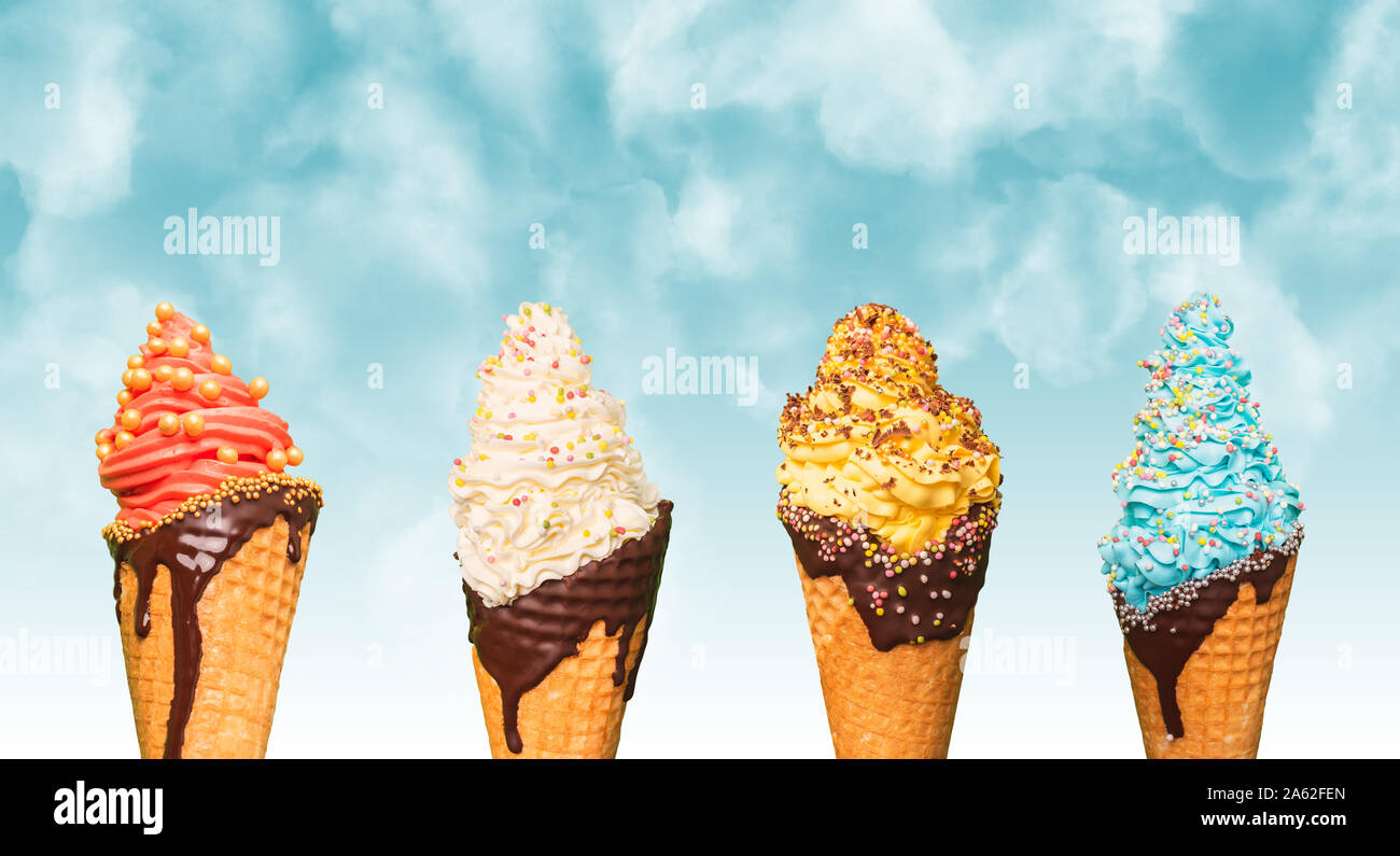 Ice cream cone closeup. Curled ice cream on a wafer with chocolate topping. Sweet dessert