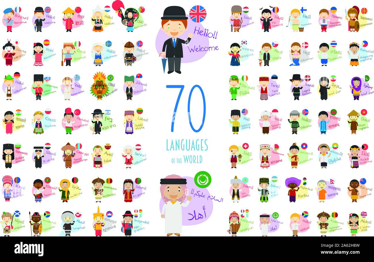 Vector illustration of cartoon characters saying hello and welcome in 70 different languages of the world Stock Vector