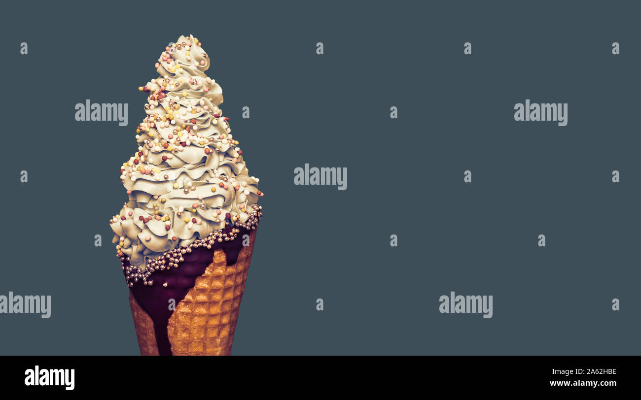 Exclusive ice cream cone on a dark, moody background. Sophisticated and curled ice garnished