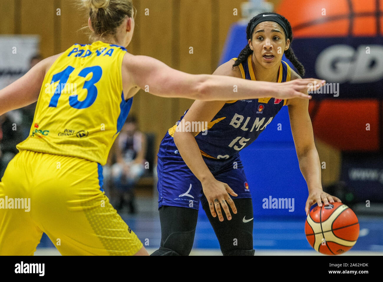 Gdynia Poland Gabby Williams 15 Of Blma Is Seen In Action Against Maryia Papova 13 Of Arka Gdynia During Euroleague Woman Basketball Game Between Arka Gdynia Poland And Basket Lattes