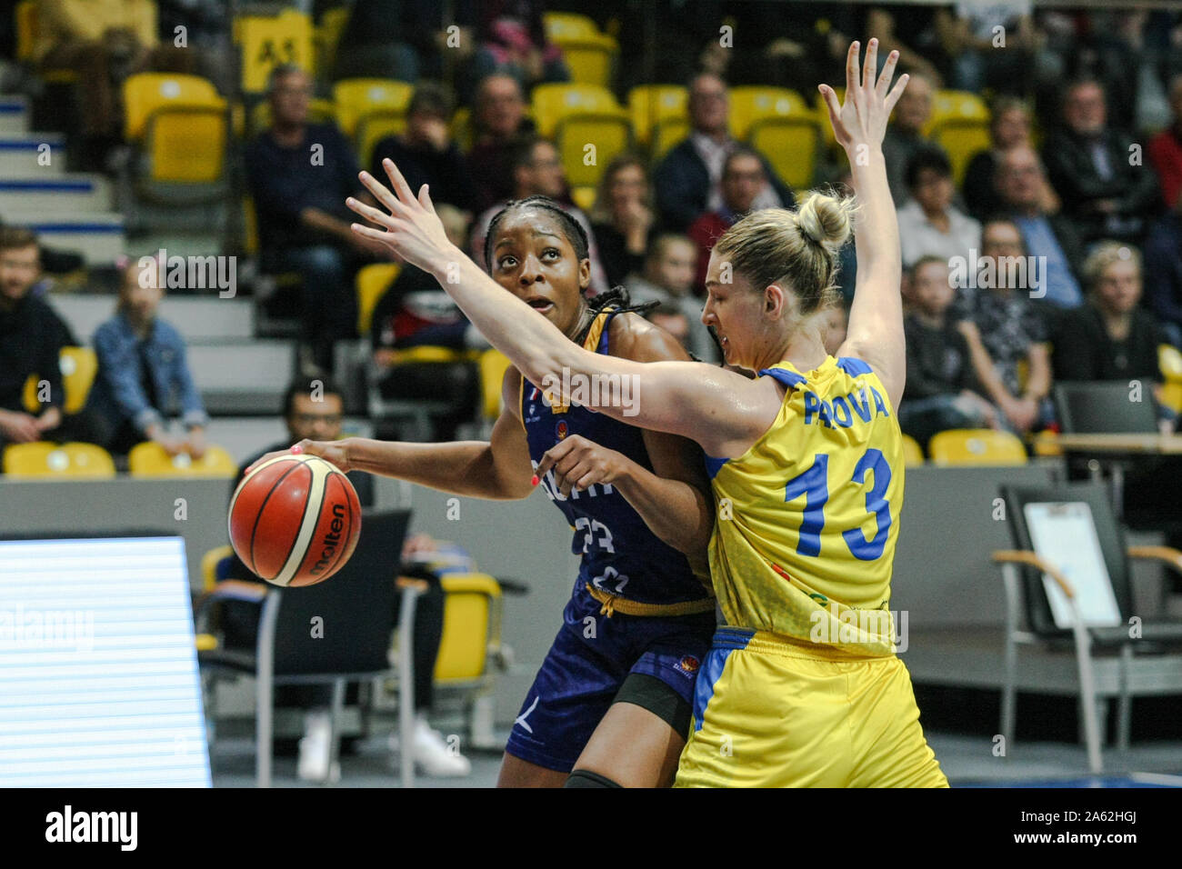Gdynia, Poland. , . Stephanie Mavunga (23) of BLMA is seen in action  against Maryia Papova (13) of Arka Gdynia during Euroleague woman basketball  game between Arka Gdynia (Poland) and Basket Lattes