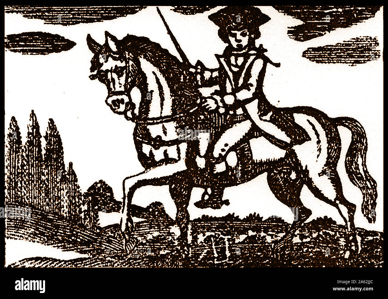 An 18th Century woodcut of a Riding's Officer working for the  British Inland Revenue and customs  department . He was land based and toured his own area of the British coastline to prevent smuggling, illegal immigrants landing on the shoreline and any other  illicit practices including illegal exports and activities of gangs such as the Hawkhurst Gang Stock Photo