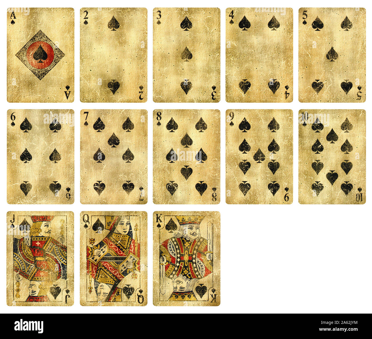 Vintage Playing cards of Spades suit, isolated on white background - High quality. Stock Photo