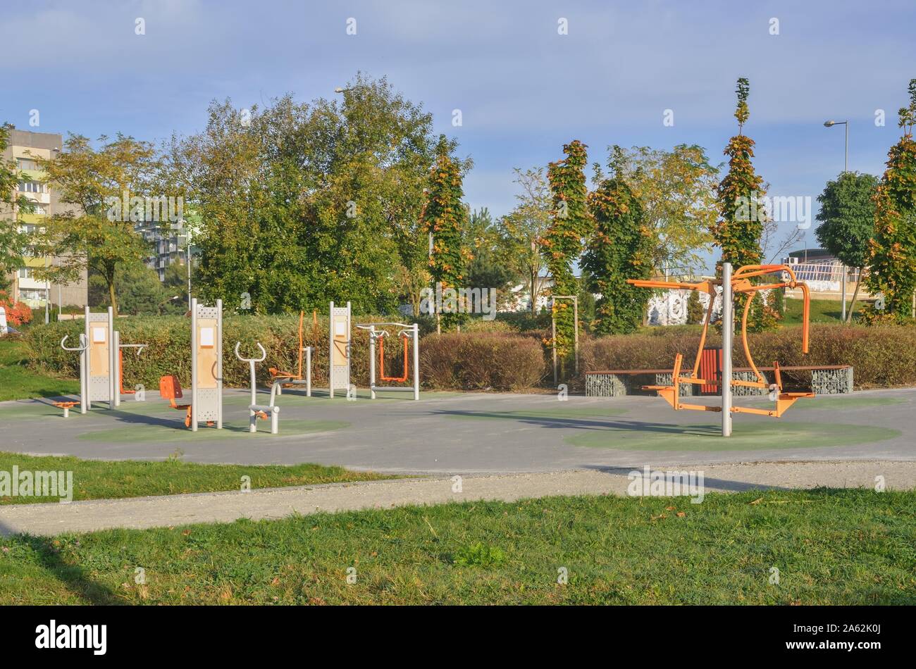 Sporty urban landscape. Outdoor gym in the city. Stock Photo