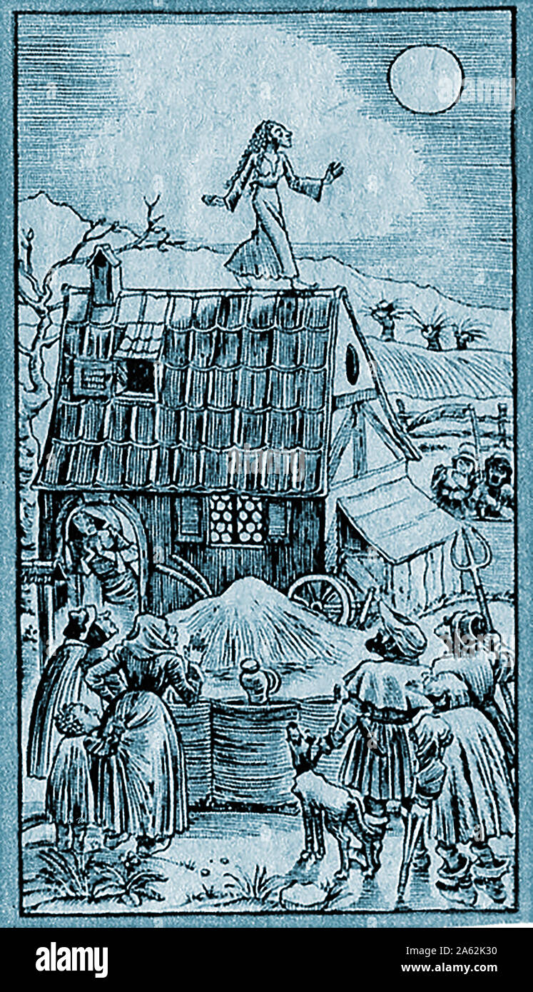 An old illustration of a country woman believed to have gone mad at the  Full Moon. It was once a common belief that mentally ill or unstable people were made worse at the time of the full moon. In this old illustration, a young woman walks on the  apex of a tiled roof as peasant  farmers watch her antics. Stock Photo