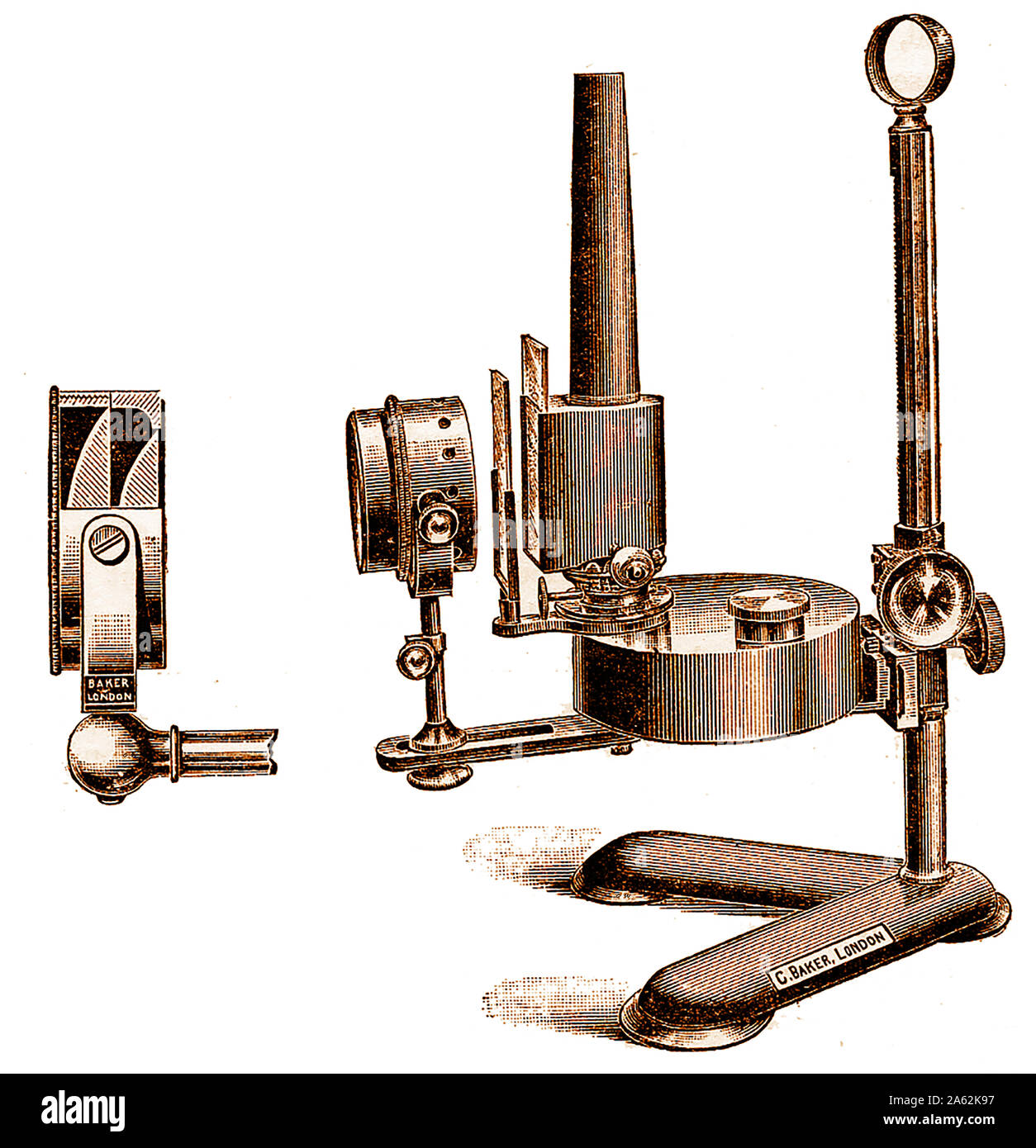 Early microscope laboratory equipment - Baker's Microscope Lamp with Bulls Eye Lens. Stock Photo