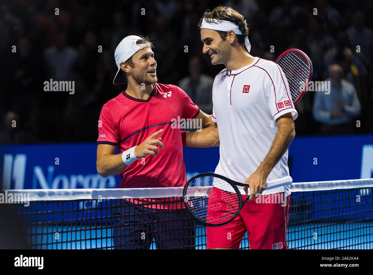 St. Jakobshalle, Basel, Switzerland. 23rd Oct, 2019. ATP World Tour Tennis,  Swiss Indoors; Roger Federer (SUI) and Radu Albot (MDA) chat after their  match - Editorial Use Credit: Action Plus Sports/Alamy Live