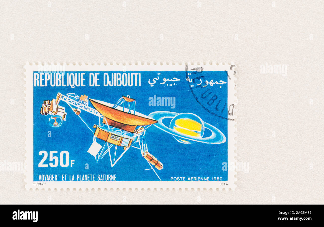 Airmail postage stamp from the Republic of Djibouti, commemorating the flyby of spacecraft Voyager passing Saturn Stock Photo