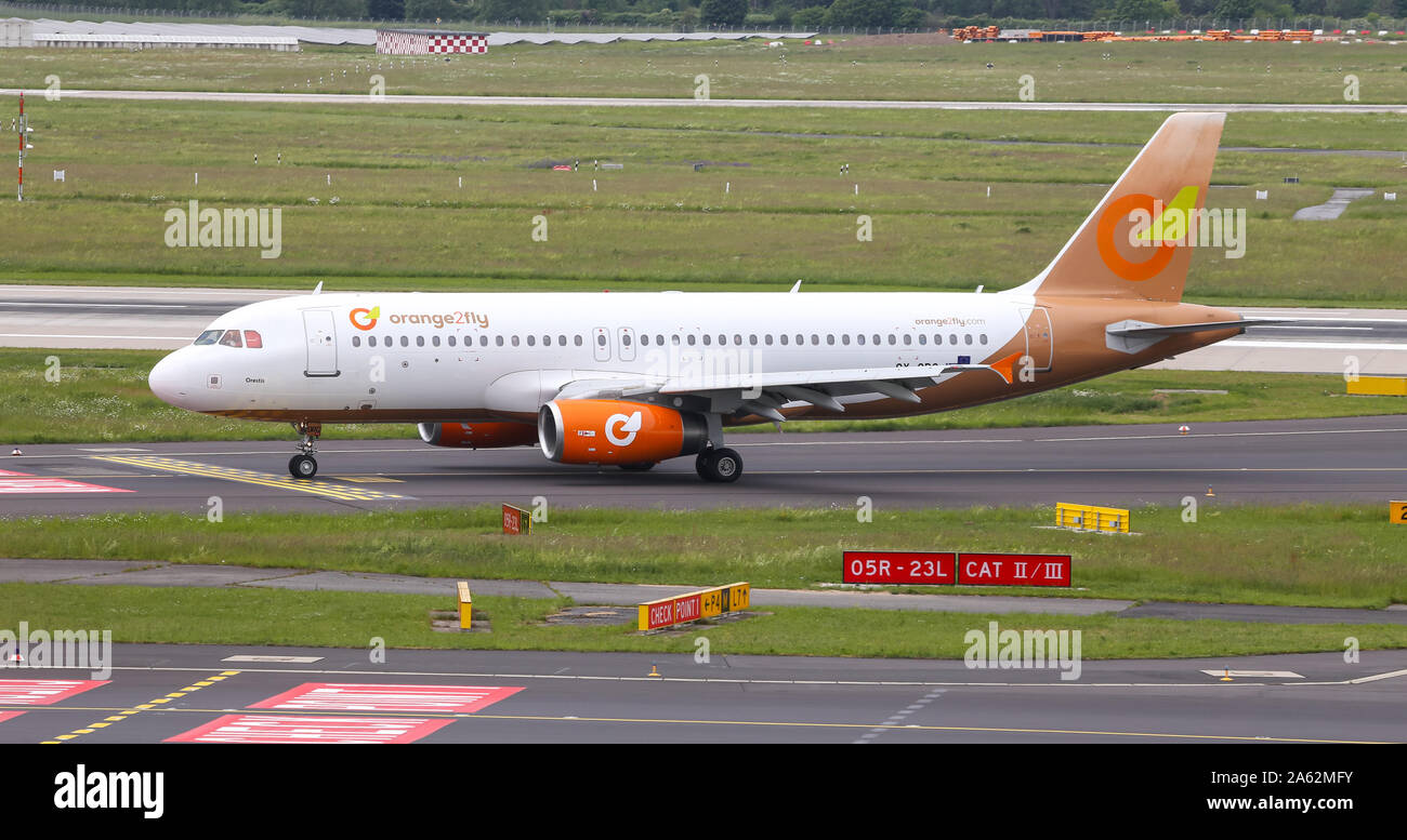 DUSSELDORF, GERMANY - MAY 26, 2019: Orange2fly Airbus A320-232 (CN 1407) taxi in Dusseldorf Airport. Stock Photo