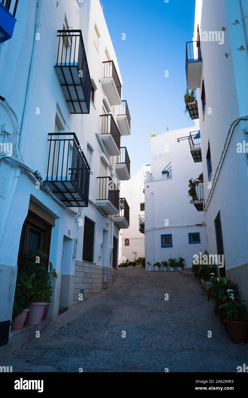 Steep narrow street in the old town of Peniscola Spain Stock Photo