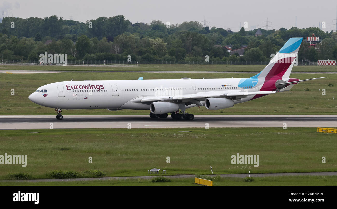 DUSSELDORF, GERMANY - MAY 26, 2019: Eurowings Airbus A340-313X (CN 335) taxi in Dusseldorf Airport. Stock Photo