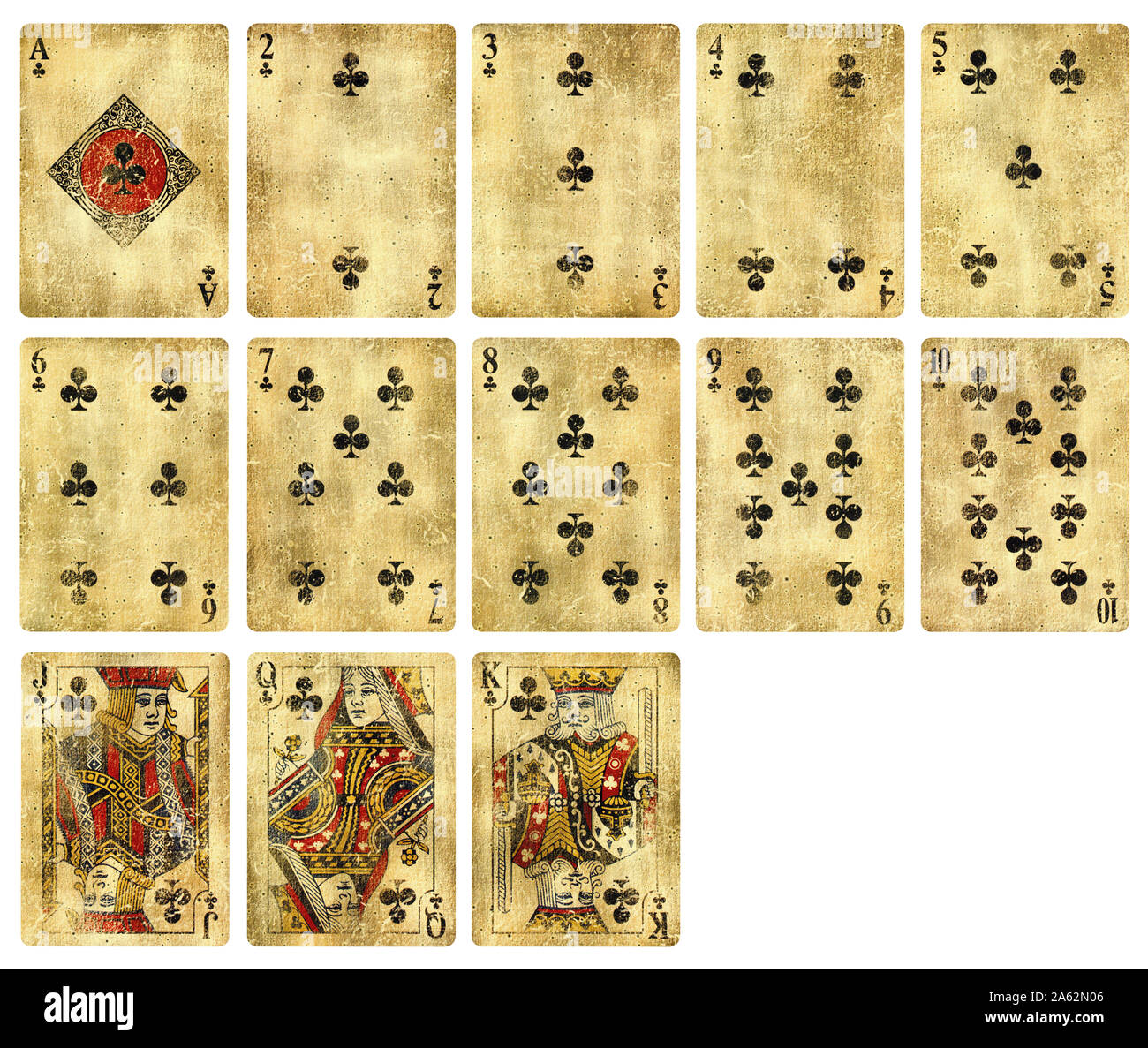 Vintage Playing cards of Clubs suit, isolated on white background - High quality. Stock Photo