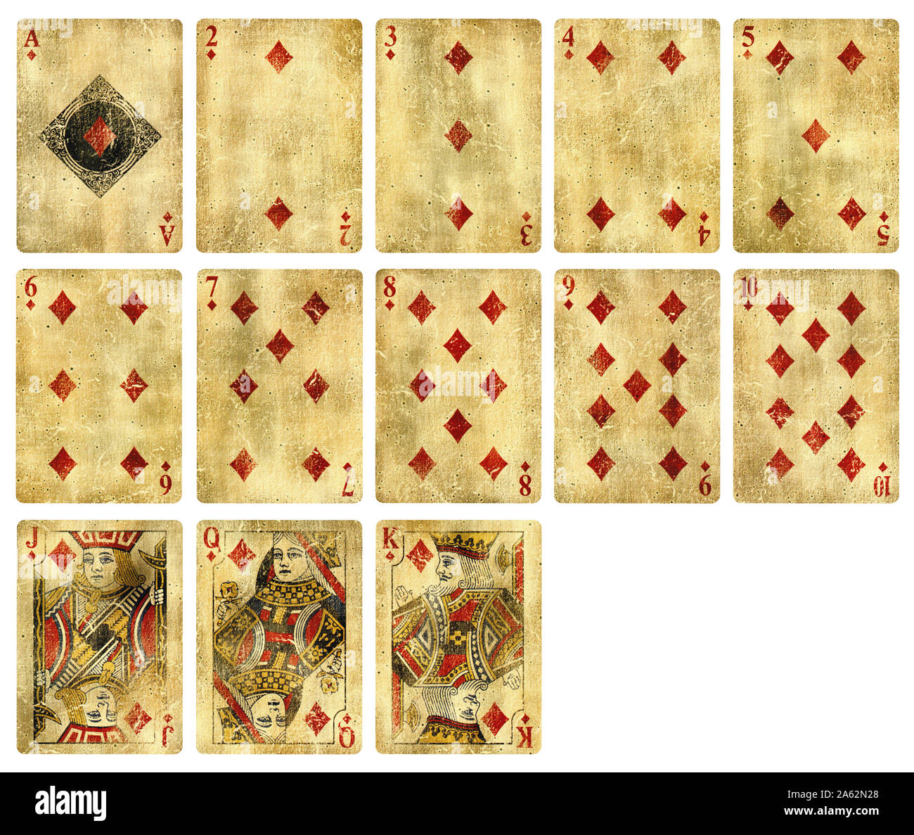 Vintage Playing cards of Diamond suit, isolated on white background - High quality. Stock Photo