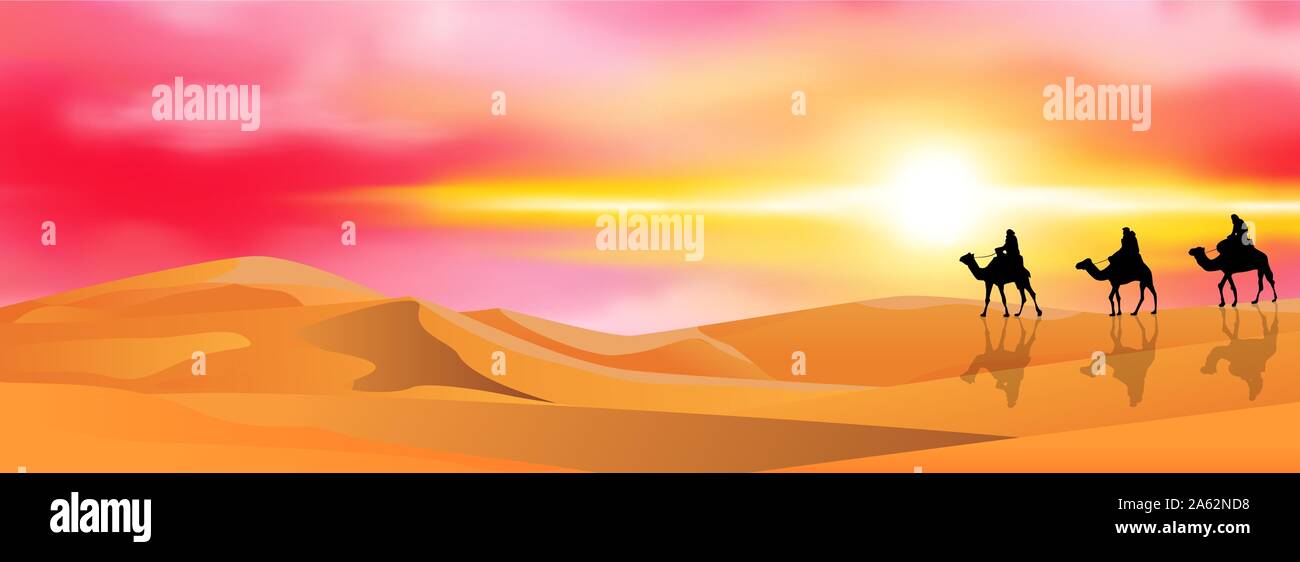Camel riders in a sandy desert. Caravan on a sunset background. Stock Vector
