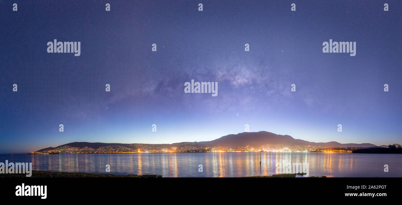 Hobart, Tasmania by night under the Milky Way Stock Photo
