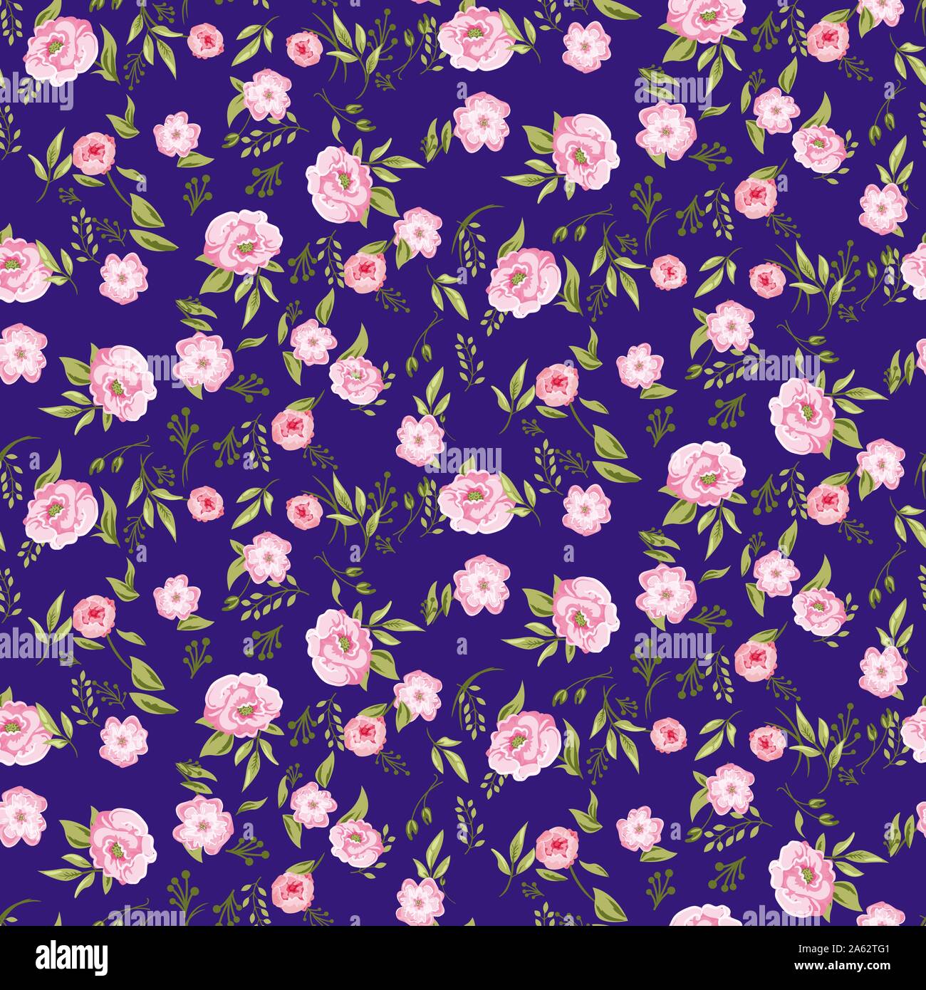 Rose peony flowers seamless pattern texture on blue background. Stock Vector