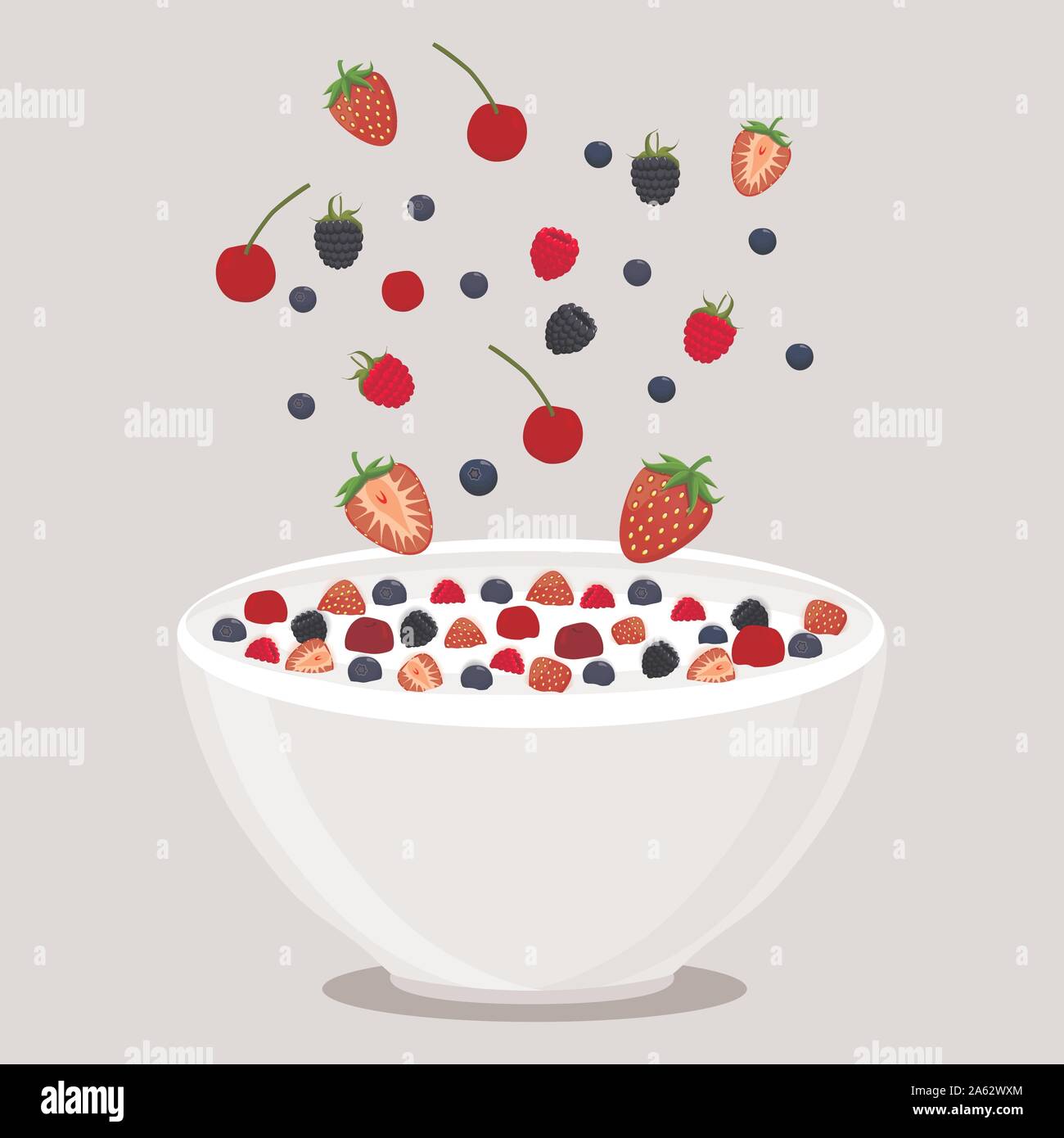 Abstract vector icon illustration logo for berries in bowl, splash of drop white milk. Milk pattern consisting of bowls is filled with berry strawberr Stock Vector