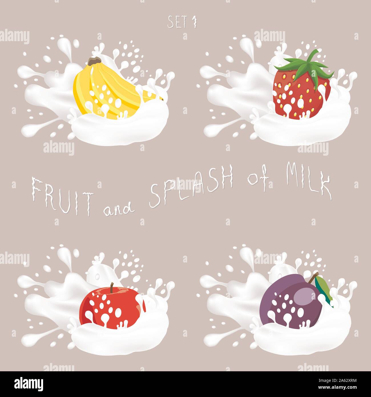 Vector icon illustration logo for fruit apple, banana, plum, strawberry, splash of drop white milk. Plum pattern of splashes drip flow Milk. Eat fruit Stock Vector