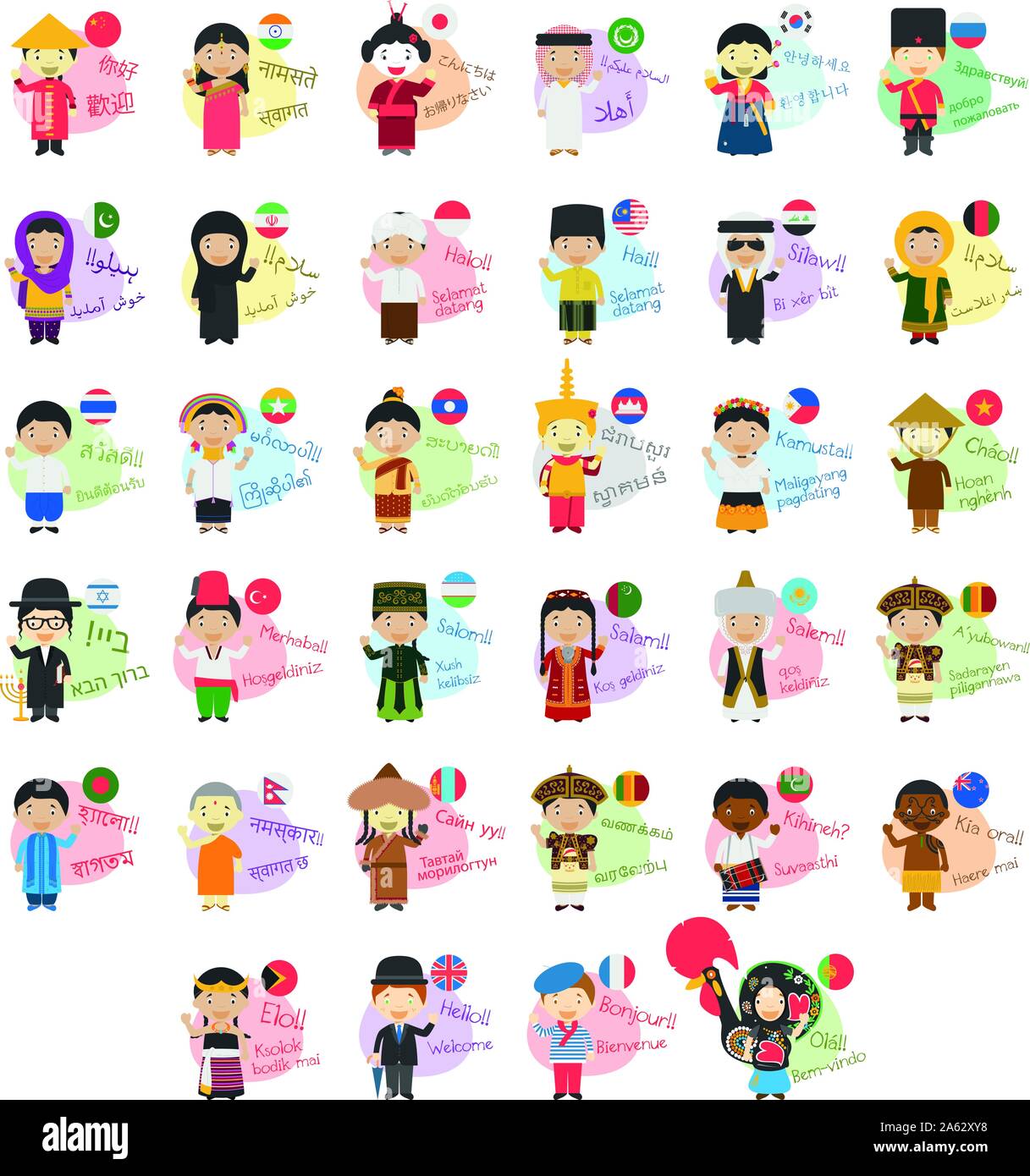Vector illustration set of cartoon characters saying hello and welcom in 34 languages spoken in Asia and Oceania Stock Vector
