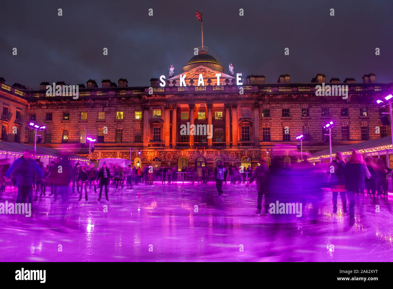 Ice skating activity on the winter ice rink in Christmas week, Somerset House, London, England