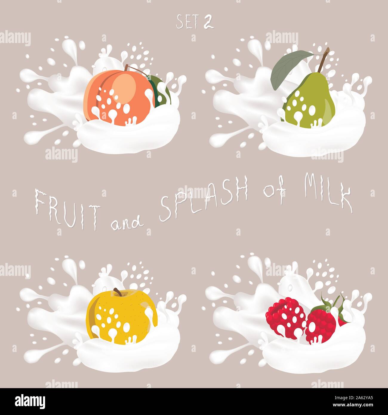 Vector icon illustration logo for fruit apple, peach, pear, raspberry, splash of drop white milk. Pear pattern of splashes drip flow Milk. Eat sweet f Stock Vector