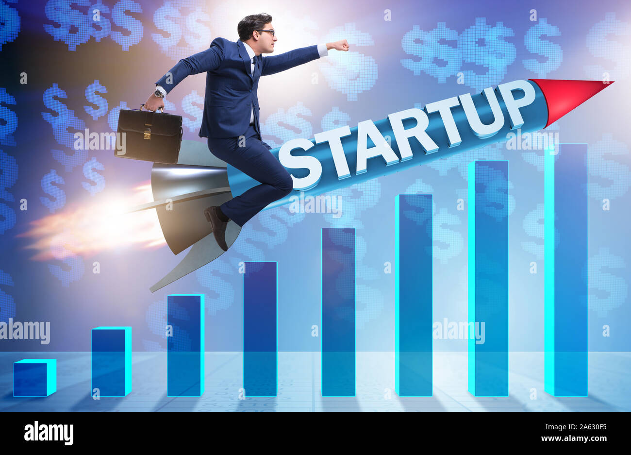 The businessman in start-up concept flying on rocket Stock Photo - Alamy