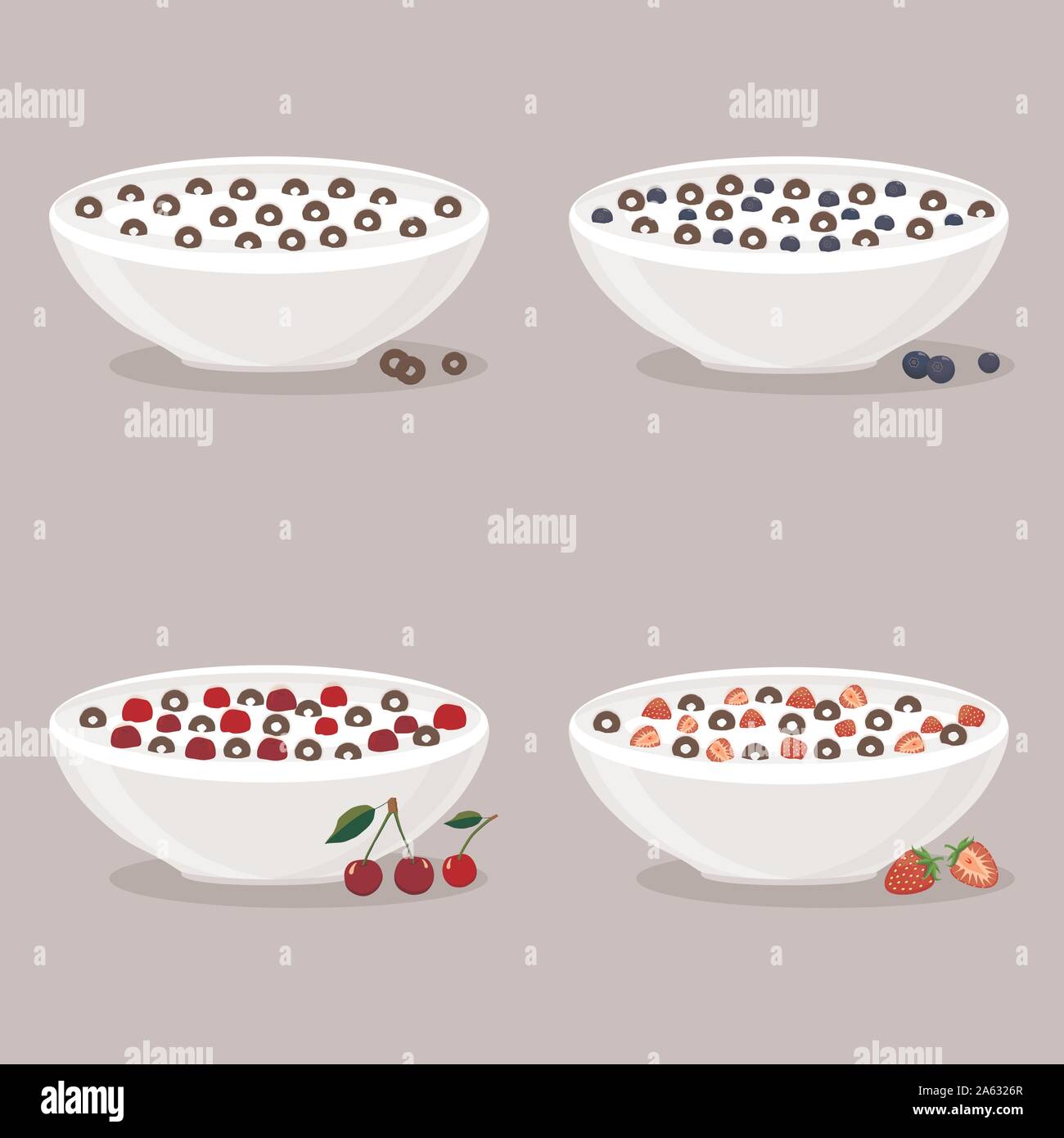 Abstract vector icon illustration logo for white milk cereal in bowl, chocolate flakes balls. Cereal pattern consisting of bowls, plate is filled with Stock Vector