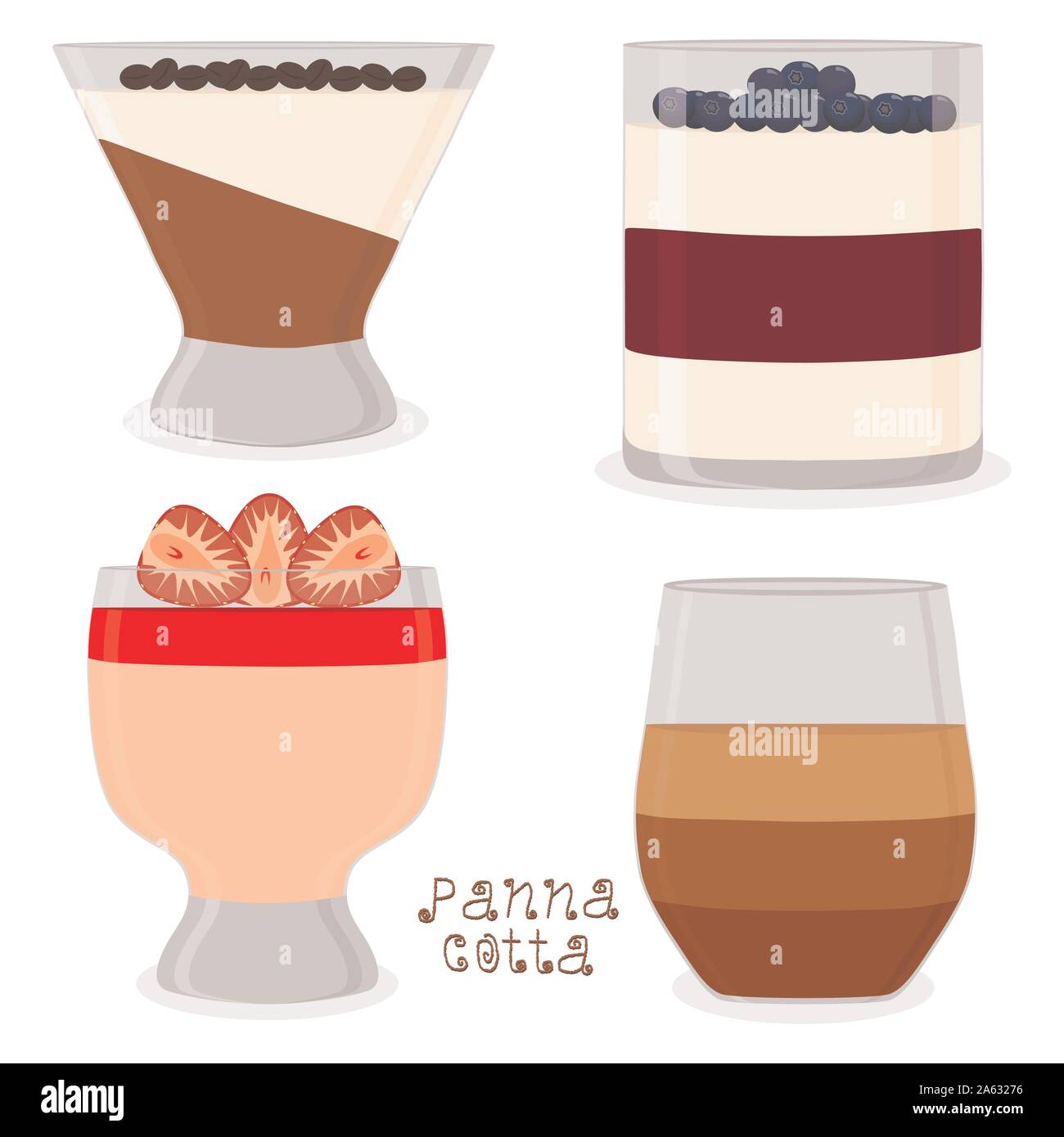 Vector icon illustration logo for jelly red strawberry, blueberry, coffee panna cotta. Jelly pattern consisting of design sweet food pudding pannacott Stock Vector