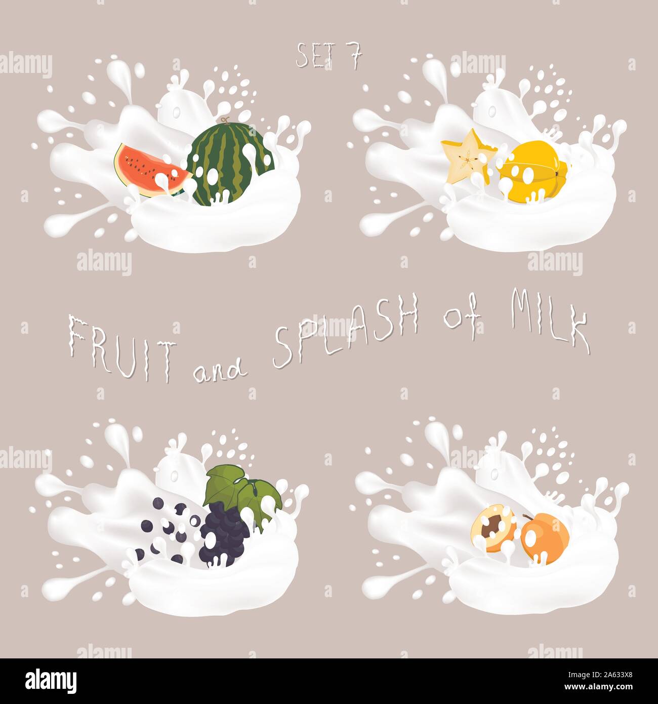 Vector illustration for fruit watermelon, grape, apricot, carambola, splash of drop white milk. Apricot pattern of splashes drip flow Milk. Eat fruits Stock Vector