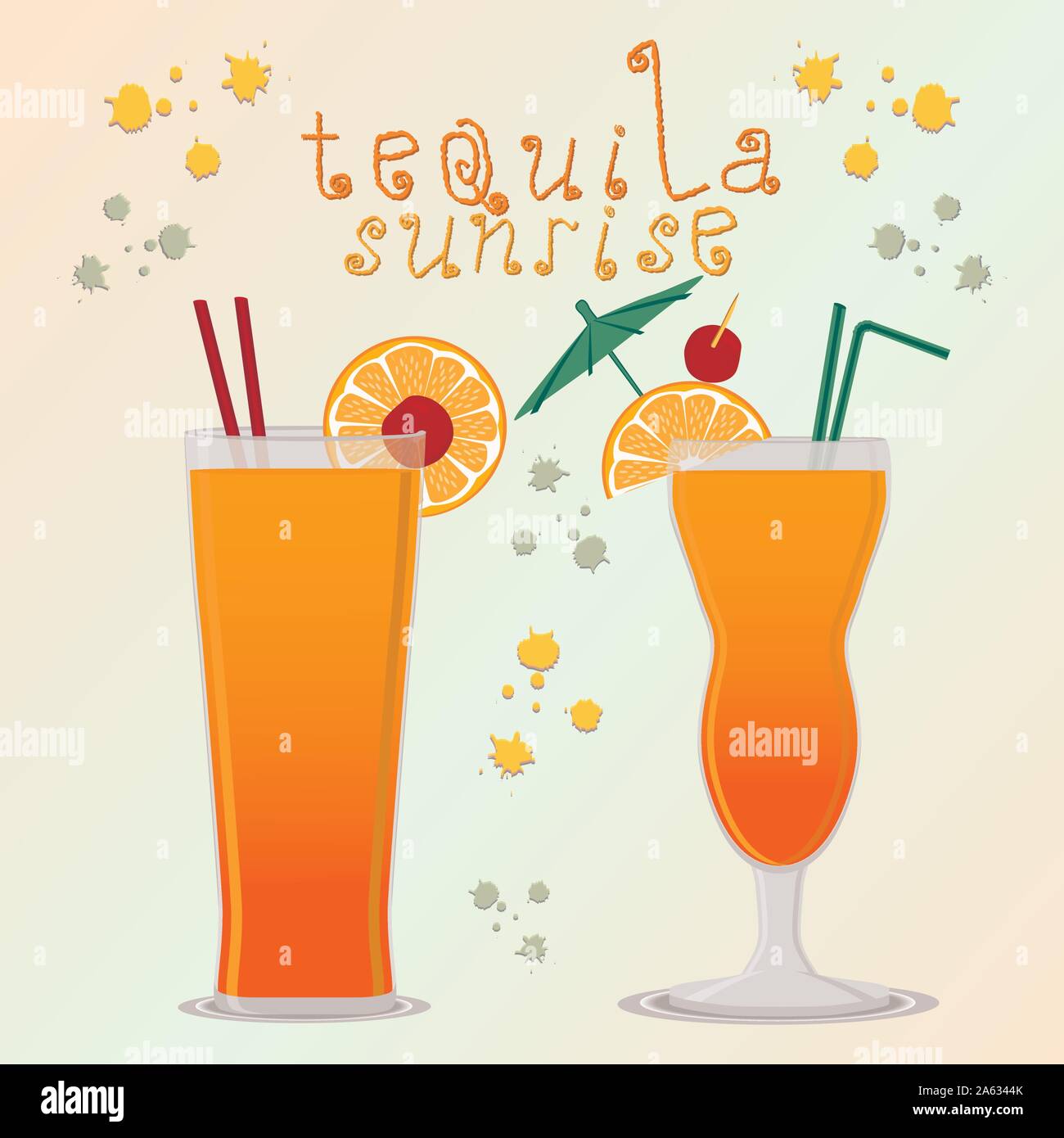 Vector icon illustration logo for alcohol cocktails tequila sunrise. Tequila pattern consisting of full glass cup with transparent cocktail, sliced or Stock Vector