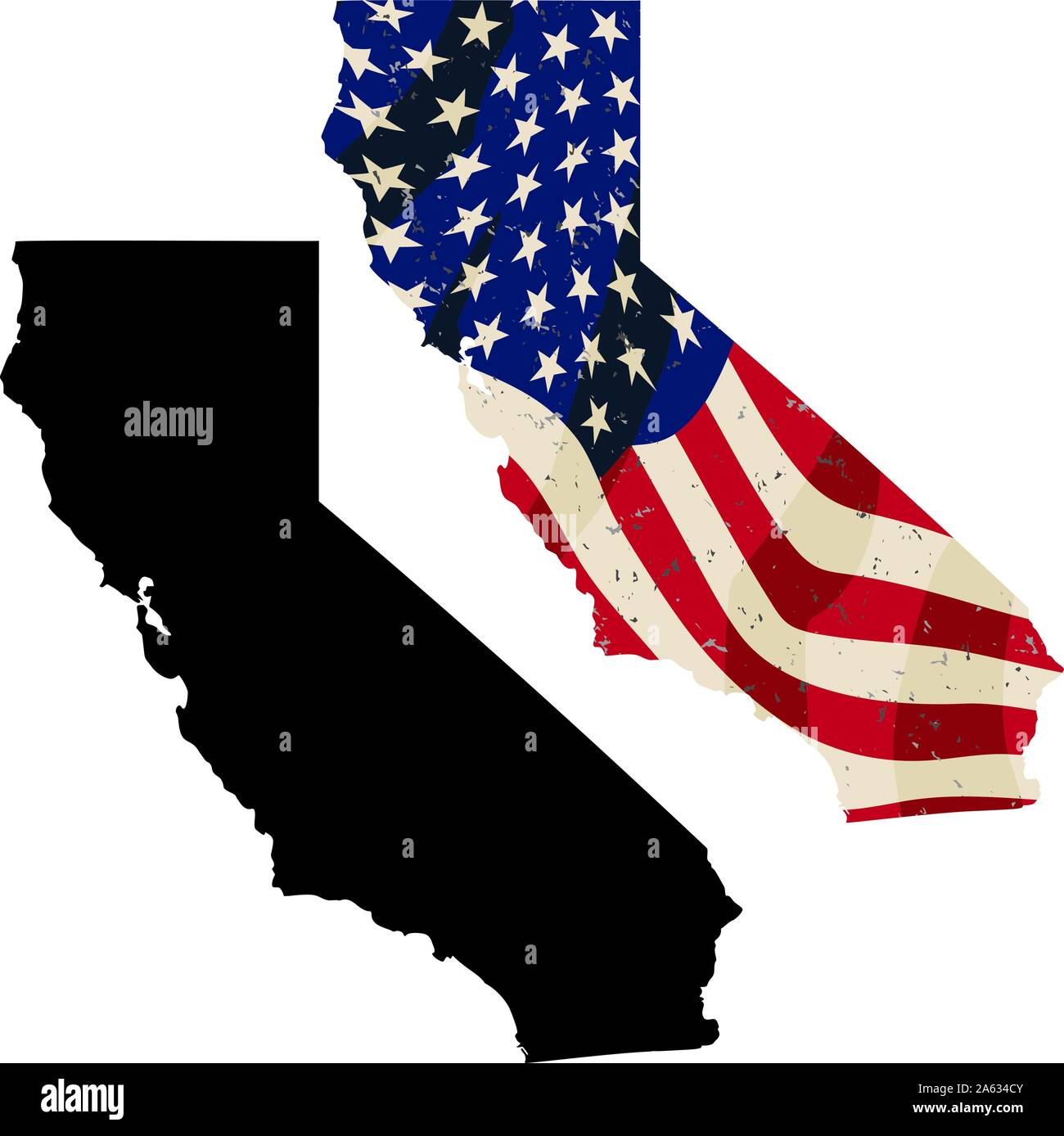 California with aged USA flag embedded and black silhouette isolated vector illustration Stock Vector