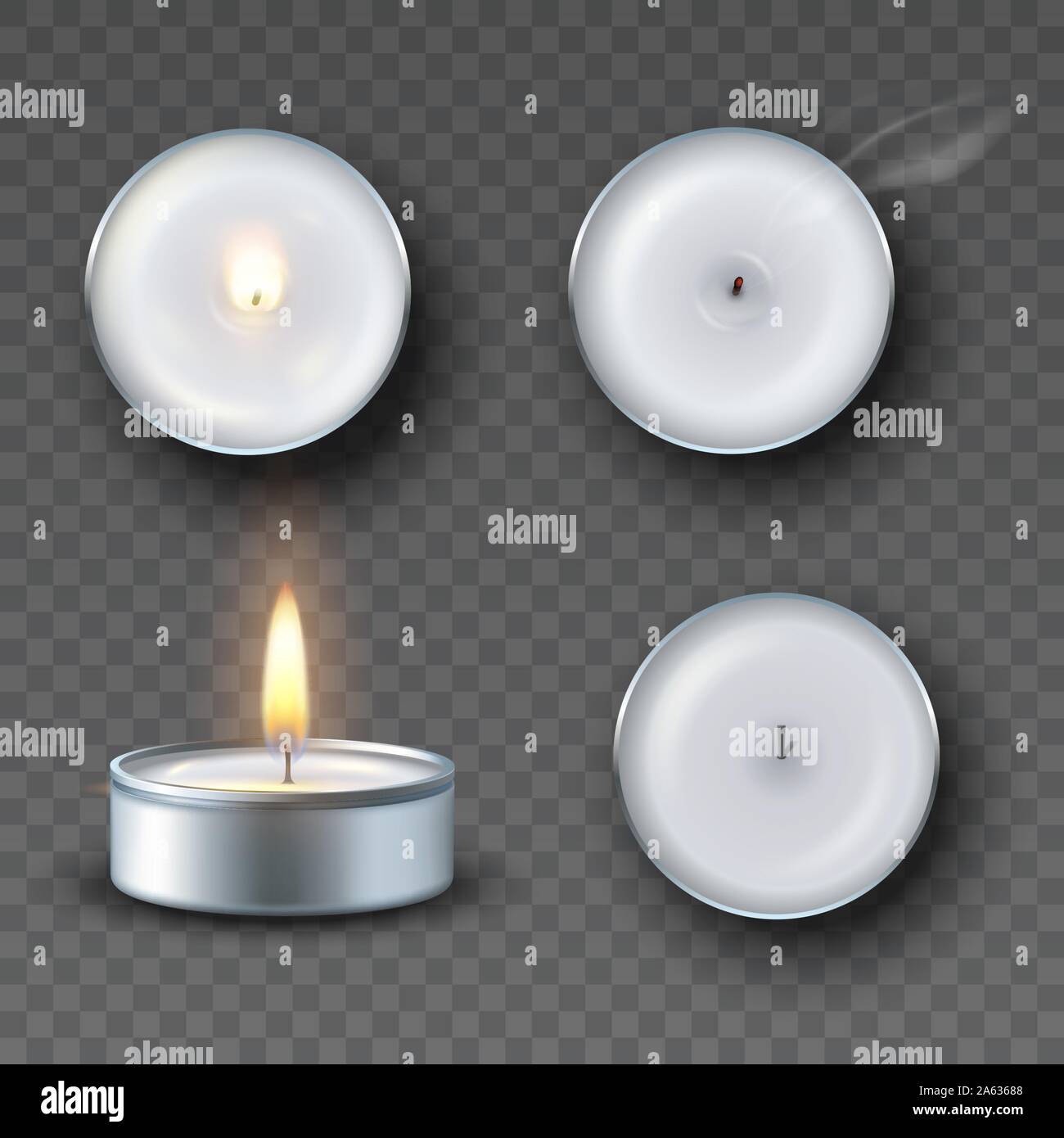 Realistic tea candle with fire, extinguished candle with smog and