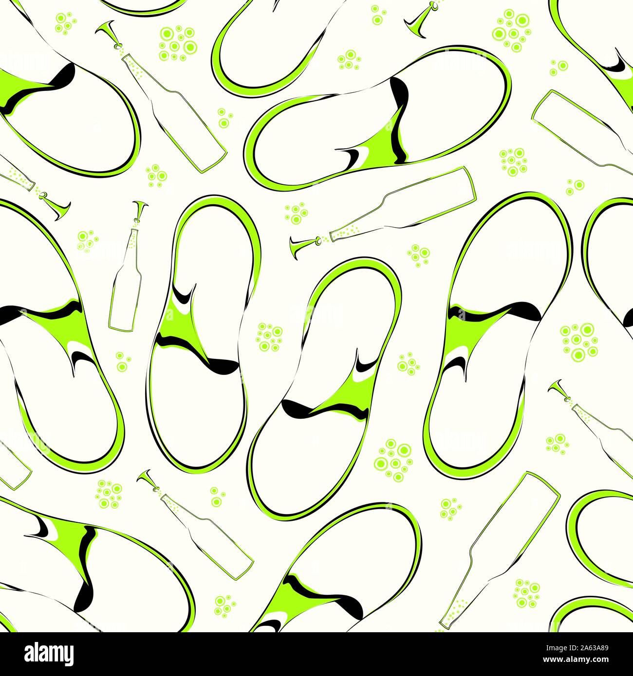 Retro green and black sandals and bottles with bubbles and corkscrews. Seamless vector pattern on light cream background. Great for beach, summer Stock Vector