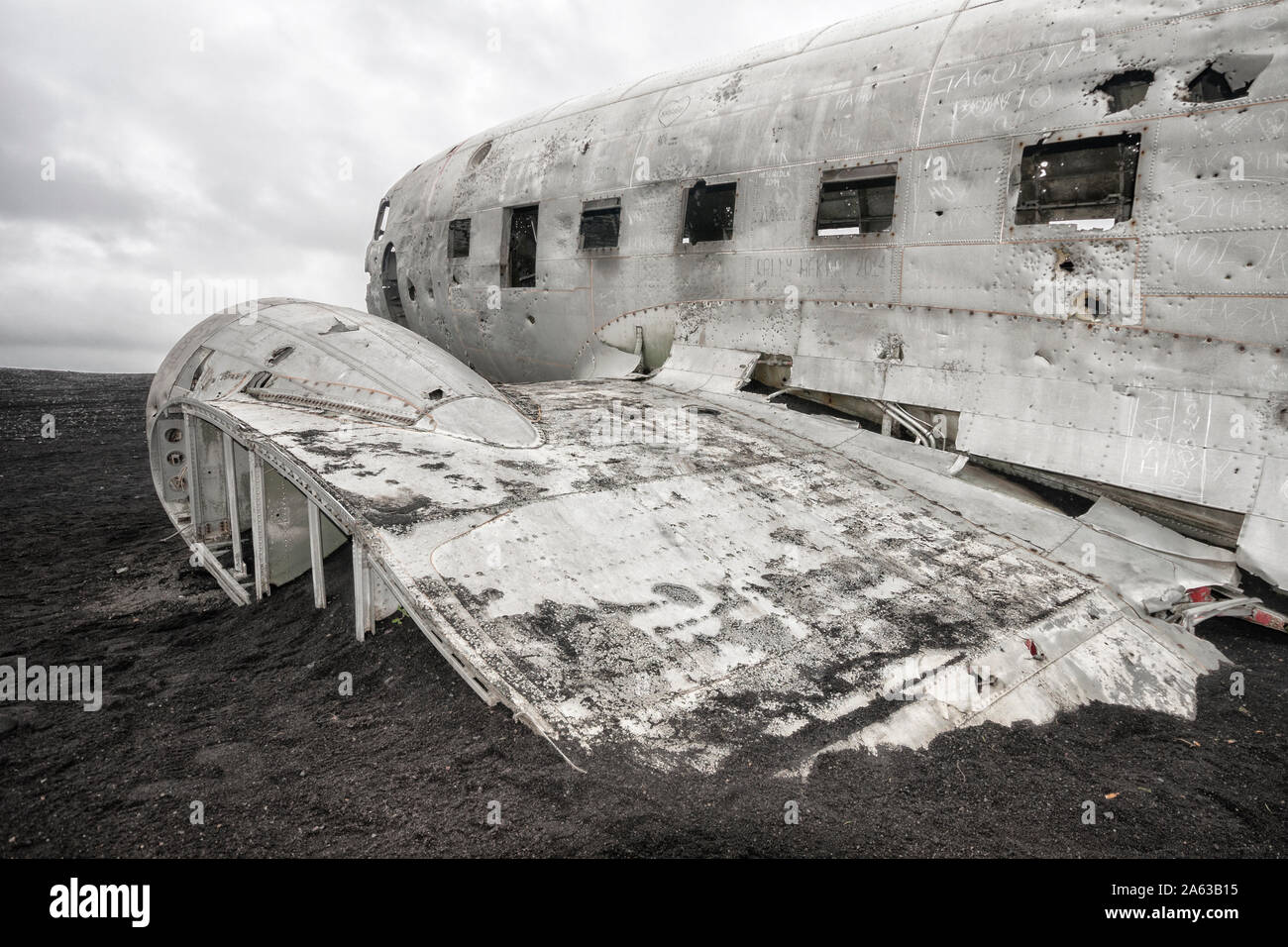 wreck of Douglas DC-3 resting at Black Beach in Iceland Stock Photo