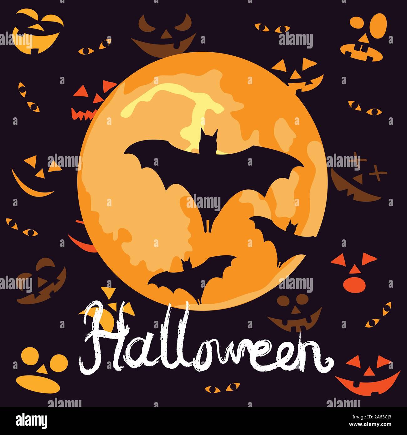 Halloween night background with pumpkins faces and the full moon Stock ...