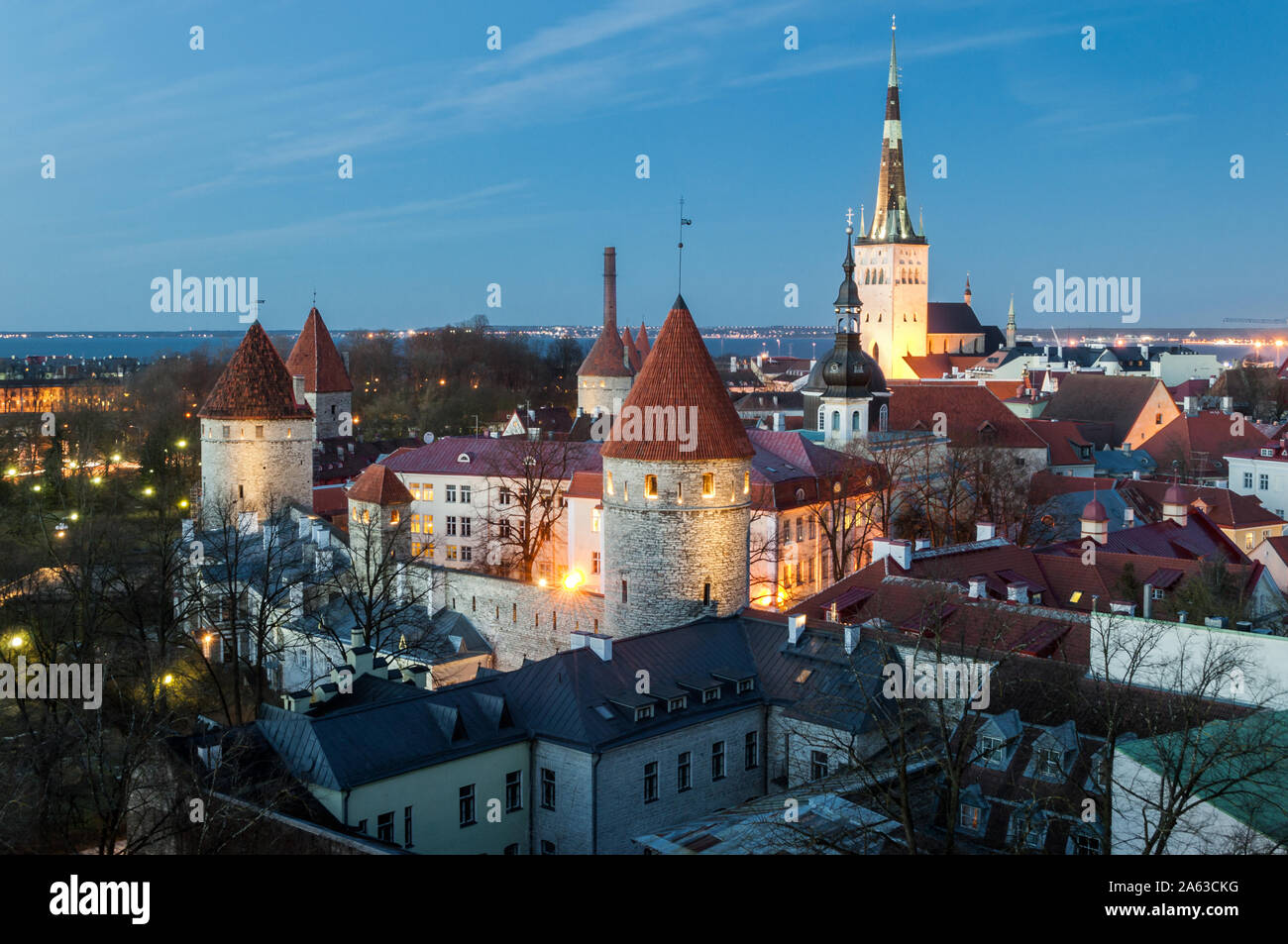 View of Tallinn old town at night Stock Photo