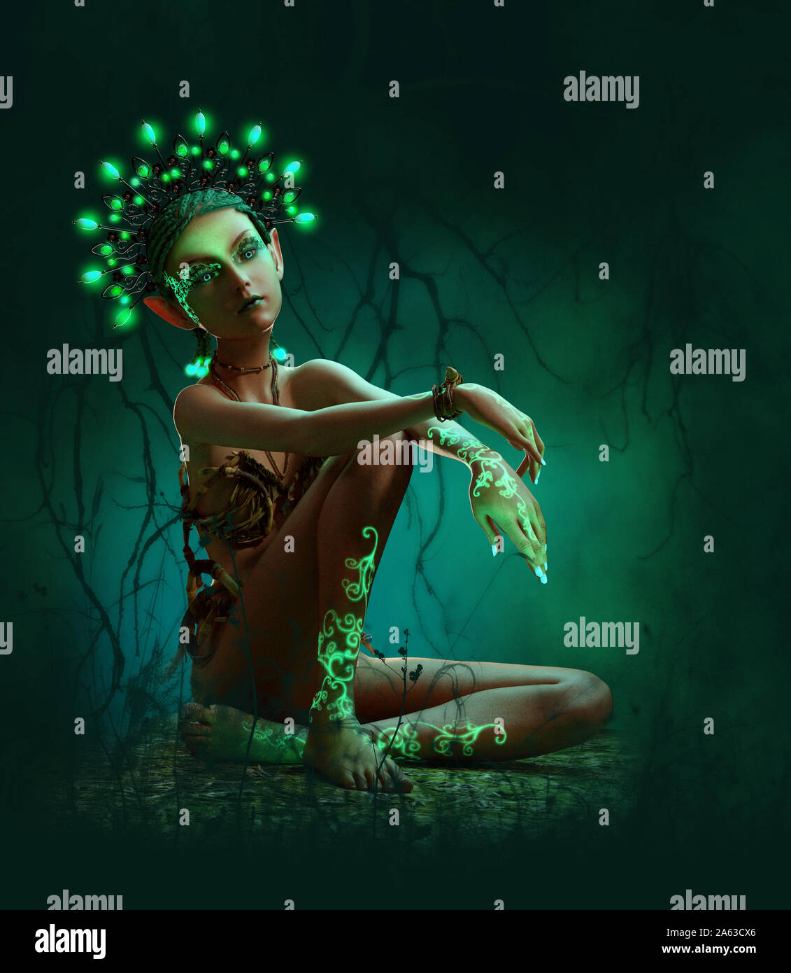 3D computer graphics of a fairy with an illuminated headdress Stock Photo