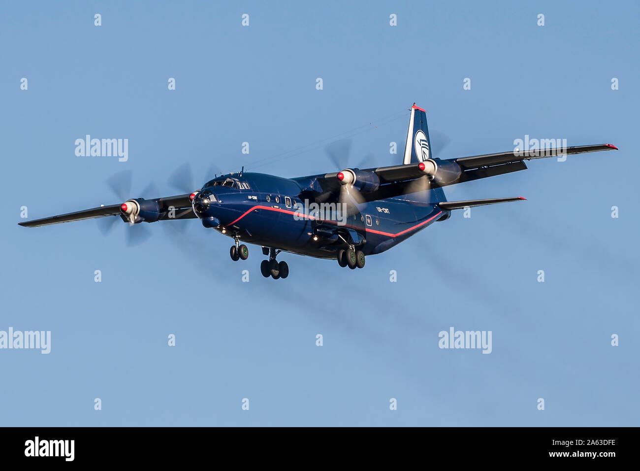 An-12 UR-CNT at London Stansted Airport Stock Photo