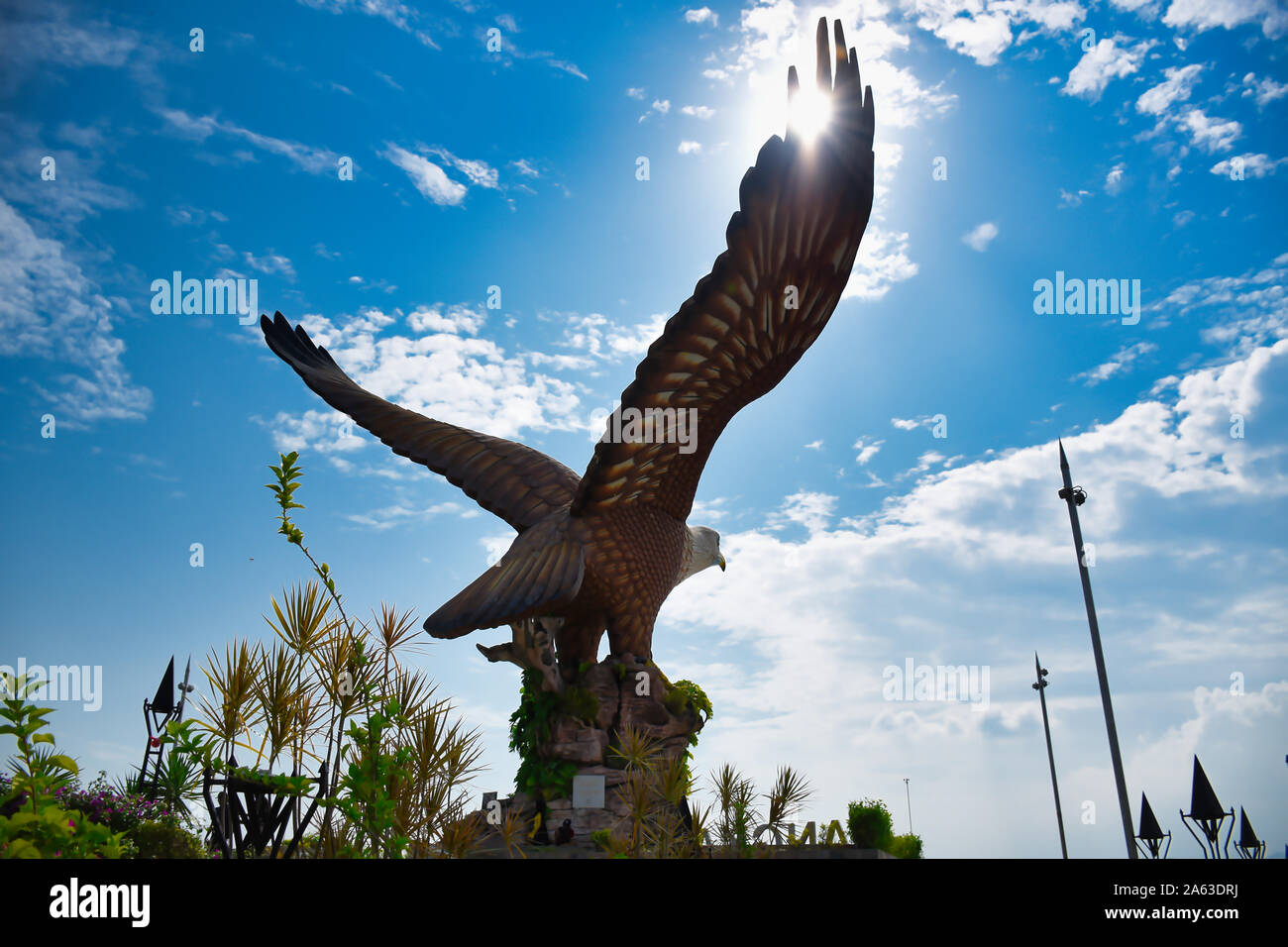 Langkawi, Malaysia 08.12.2019: Eagle Square or Dataran Lang is one of Langkawi’s best known man-made attractions, a large sculpture of a reddish brown Stock Photo