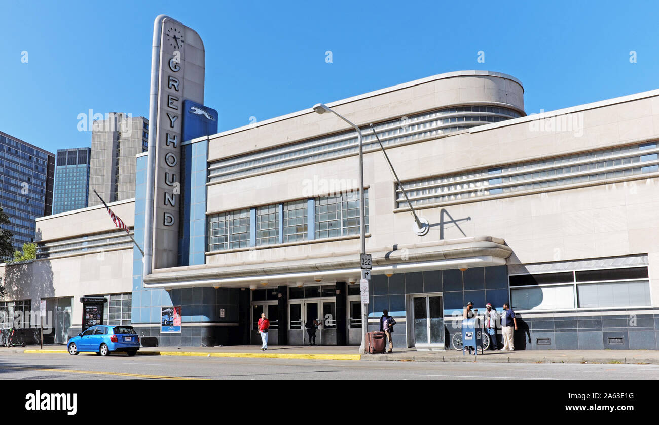 The Cleveland Greyhound Station on Chester Avenue in downtown Cleveland, Ohio, USA, opened in 1948 and still operates to this day. Stock Photo