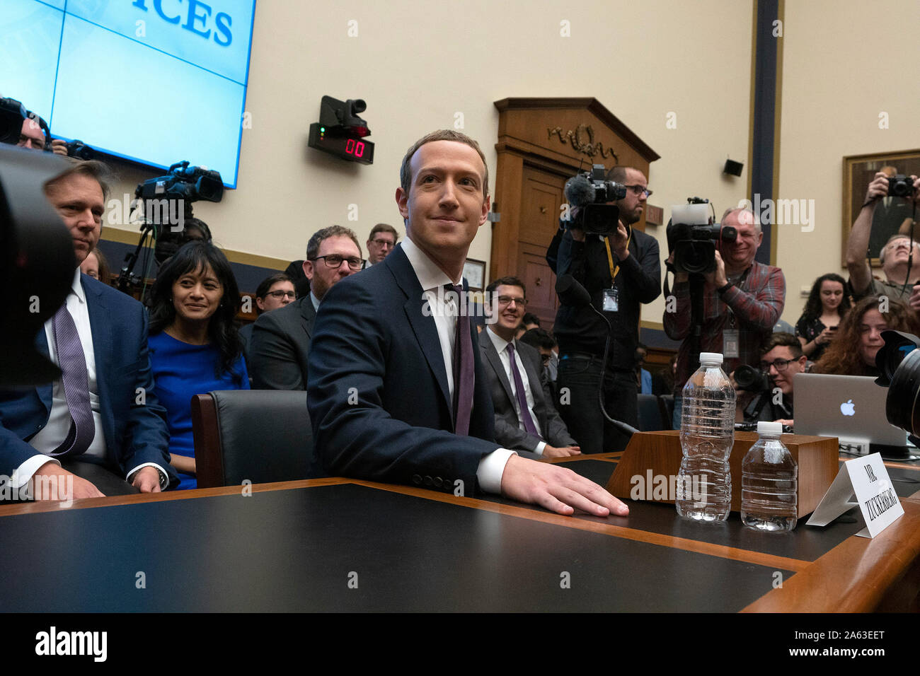 Washington DC, USA. 23 Oct, 2019. Facebook CEO Mark Zuckerberg testifies before the U.S. House Committee on Financial Services regarding Facebook's new cryptocurrency on Capitol Hill in Washington, DC, U.S. on October 23, 2019. Credit: Stefani Reynolds/CNP/MediaPunch Credit: MediaPunch Inc/Alamy Live News Stock Photo